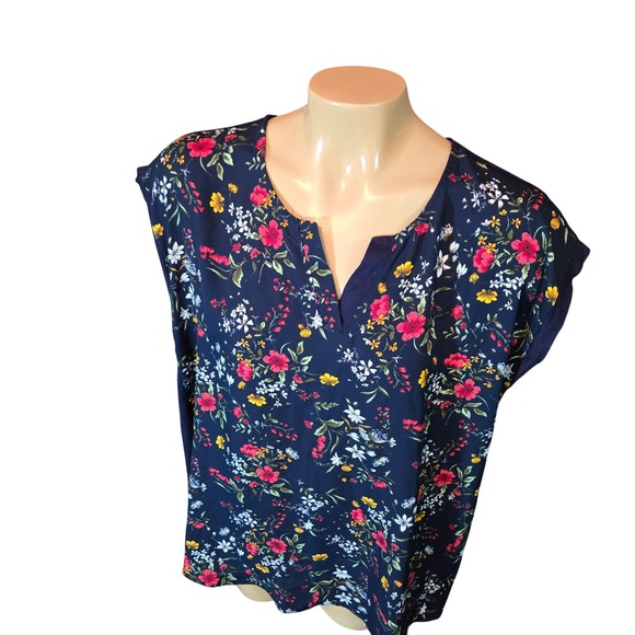 Papermoon Womens Blouse Navy Blue XL Floral Mixed Media Split V-Neck Cap Sleeve - Picture 3 of 7